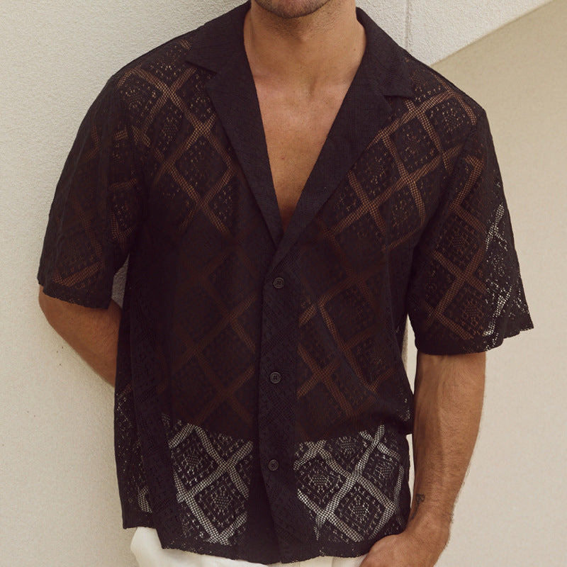 Fashion Men's Clothing Men's Hollow-out Breathable Short-sleeved Lapel Casual Shirt