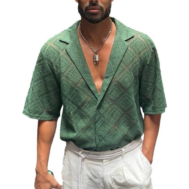Fashion Men's Clothing Men's Hollow-out Breathable Short-sleeved Lapel Casual Shirt
