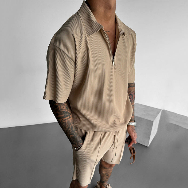 Summer Fashion Men's Clothing Men's Suits New Zipper Polo Casual Short Sleeve Drawstring Shorts Men's Set