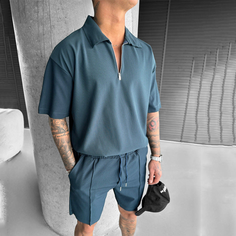 Summer Fashion Men's Clothing  Men's Suits New Zipper Polo Casual Short Sleeve Drawstring Shorts Men's Set