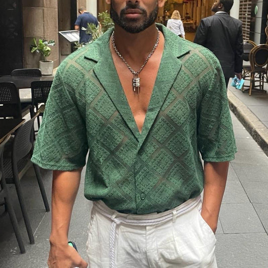 Fashion Men's Clothing Men's Hollow-out Breathable Short-sleeved Lapel Casual Shirt