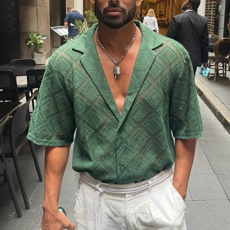 Fashion Men's Clothing Men's Hollow-out Breathable Short-sleeved Lapel Casual Shirt