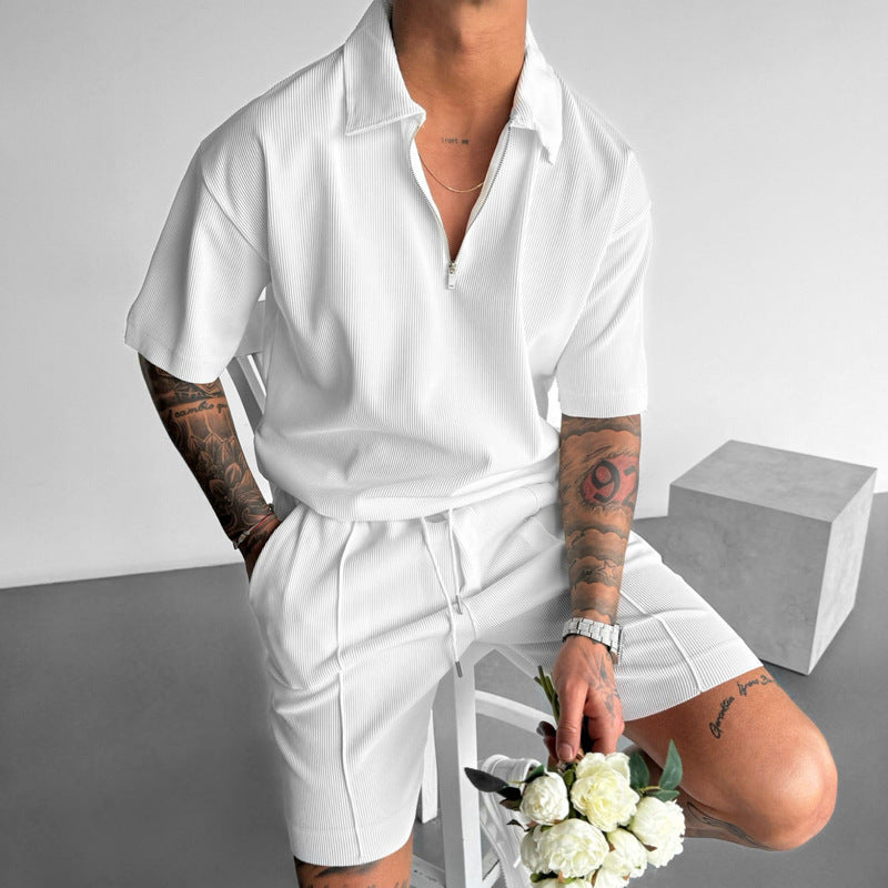 Summer Fashion Men's Clothing  Men's Suits New Zipper Polo Casual Short Sleeve Drawstring Shorts Men's Set