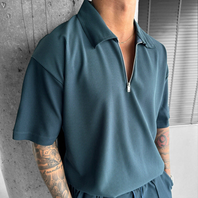 Summer Fashion Men's Clothing  Men's Suits New Zipper Polo Casual Short Sleeve Drawstring Shorts Men's Set