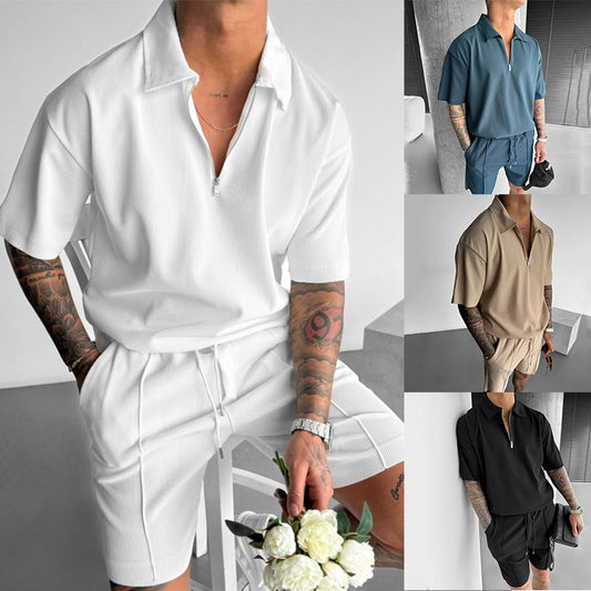 Summer Fashion Men's Clothing  Men's Suits New Zipper Polo Casual Short Sleeve Drawstring Shorts Men's Set