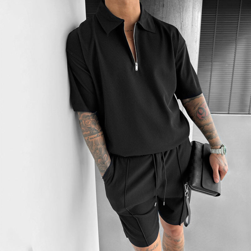 Summer Fashion Men's Clothing  Men's Suits New Zipper Polo Casual Short Sleeve Drawstring Shorts Men's Set