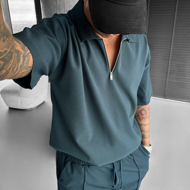 Summer Fashion Men's Clothing  Men's Suits New Zipper Polo Casual Short Sleeve Drawstring Shorts Men's Set